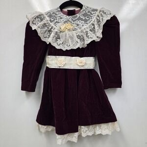 Vintage Sarah Kent Victorian Maroon Ivory Velvet Dress Lace‎ Girls Size 6 Bow